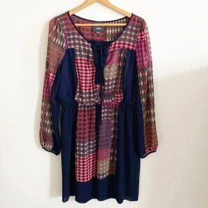 anthropologie mauve boho print navy blue patchwork long sleeve dress size large